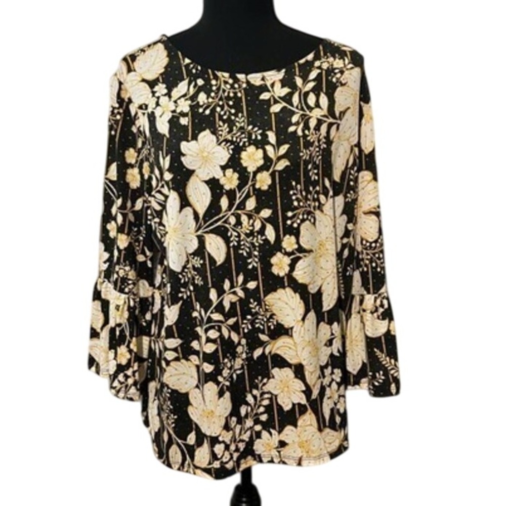 Ruby Rd‎ Blouse Large Petite Bell Sleeve Scoop Neck Gold Tone Beads Career Work - Picture 2 of 10